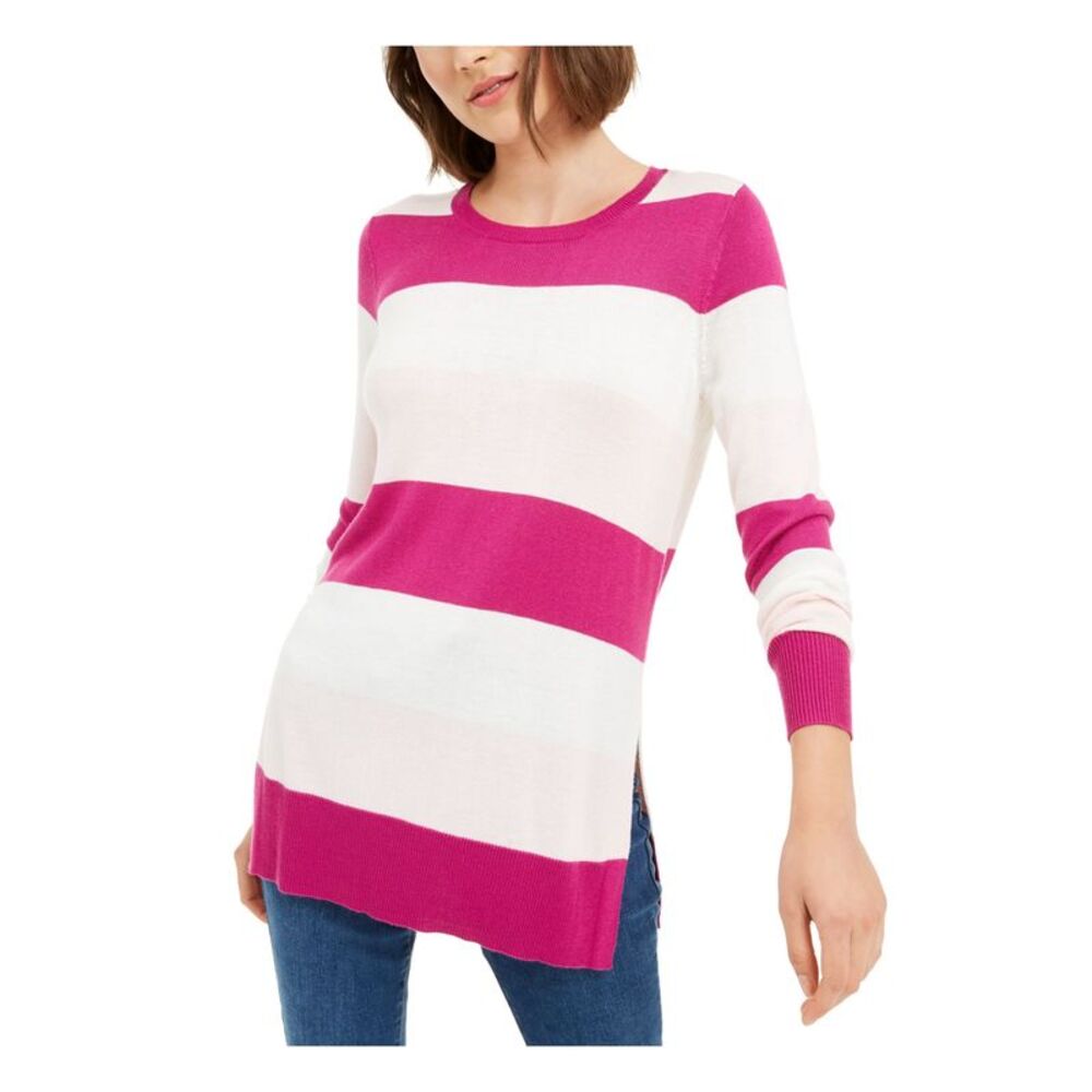 MAISON JULES Womens Pink Color Block Long Sleeve Jewel Neck Sweater Size: L